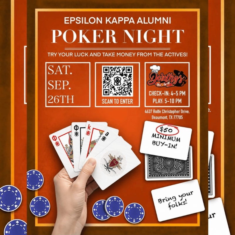 A hand holds poker cards and chips in the foreground, with event details for an alumni poker night in the background.