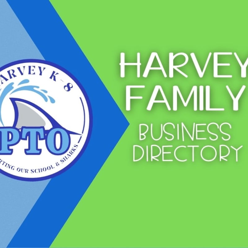 A blue and white school logo is on the left foreground, with "HARVEY FAMILY BUSINESS DIRECTORY" in white text on a green background in the right background.