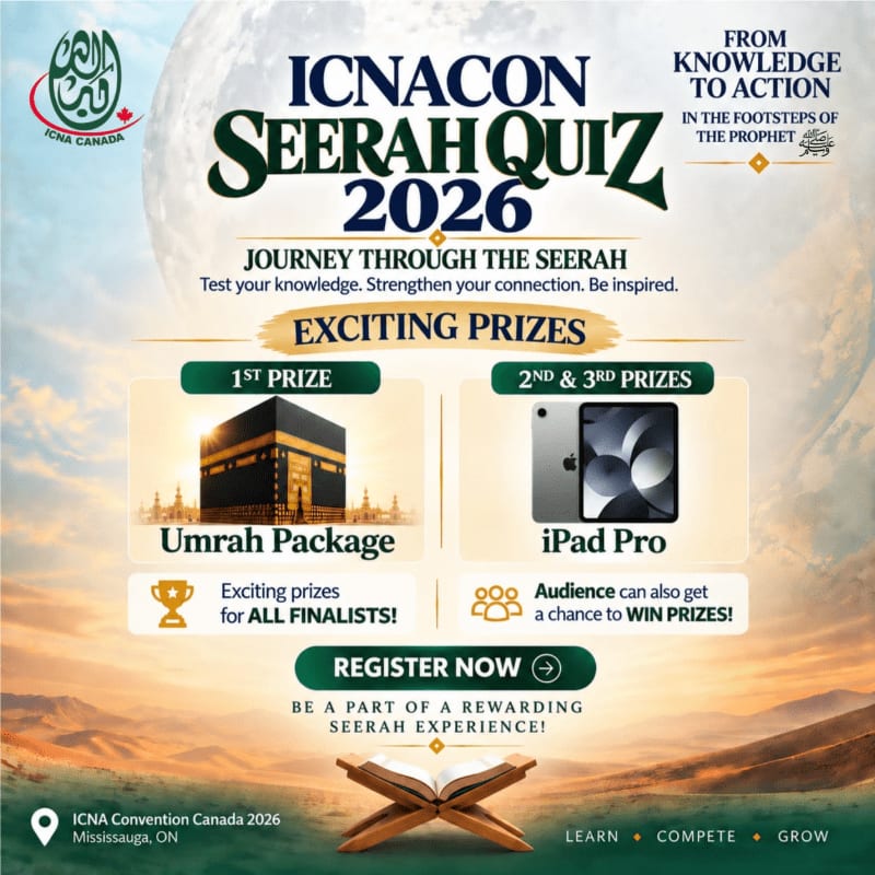 A promotional poster for the ICNACON Seerah Quiz 2026 features an open Quran in the foreground against a backdrop of a desert landscape and a large moon.