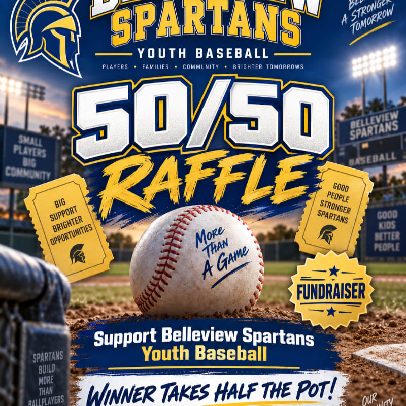 A baseball sits in the foreground on a dirt infield, with a "50/50 Raffle" advertisement and baseball field lights in the background.