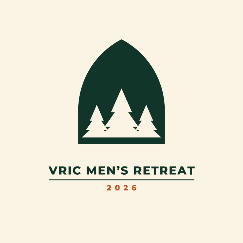 Three stylized evergreen trees stand within a dark green arched silhouette against a cream background, with "VRIC MEN'S RETREAT 2026" printed below.