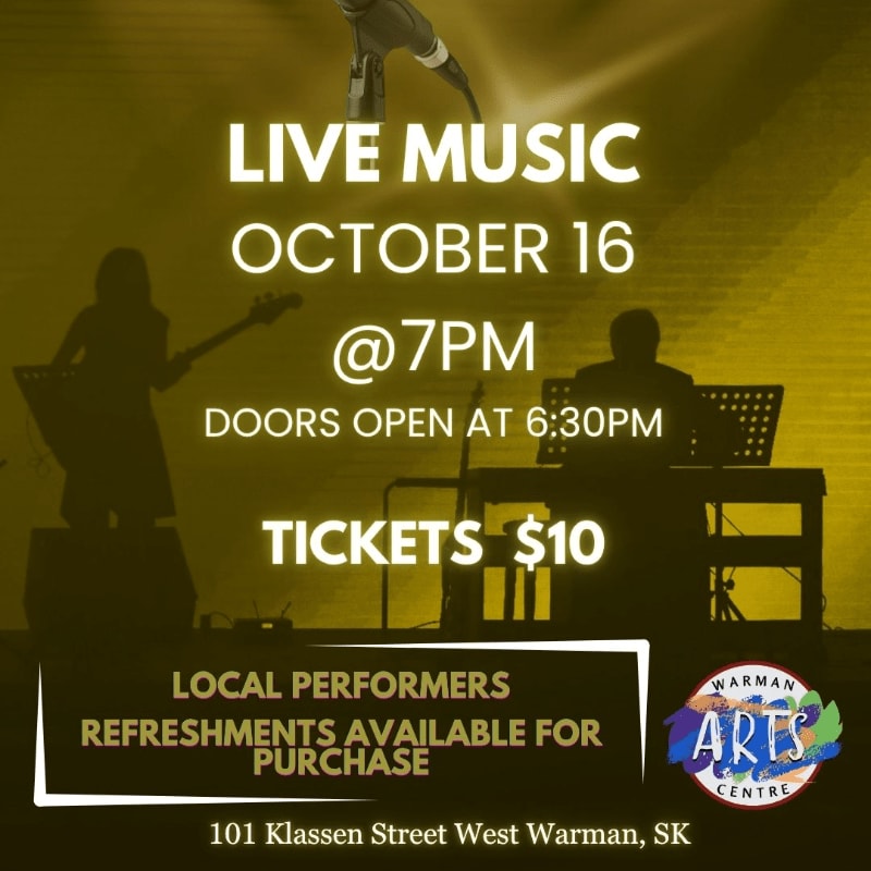 Silhouetted musicians perform on a stage with a microphone overhead, advertising live music on October 16th at 7 PM with ticket information and venue details in the foreground.