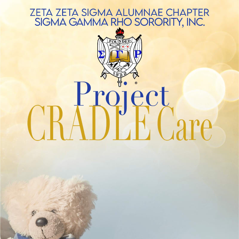 A fluffy white teddy bear in the foreground is set against a soft, bokeh-filled yellow background with the text "Project CRADLE Care" and sorority information.