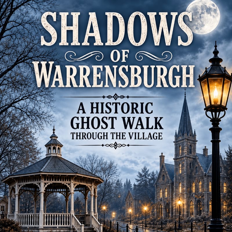 A gas lamp illuminates a Victorian-era gazebo in the foreground, while a spooky, moonlit castle looms in the background under a cloudy sky.