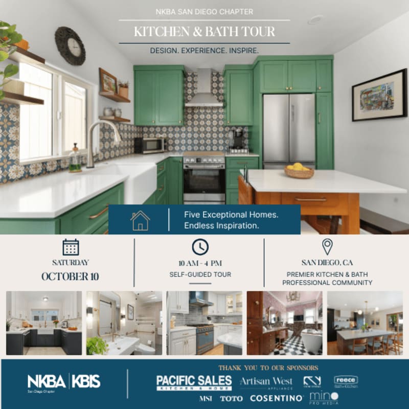 A vibrant green kitchen with a white island in the foreground is set against a backdrop of tour details and sponsor logos.