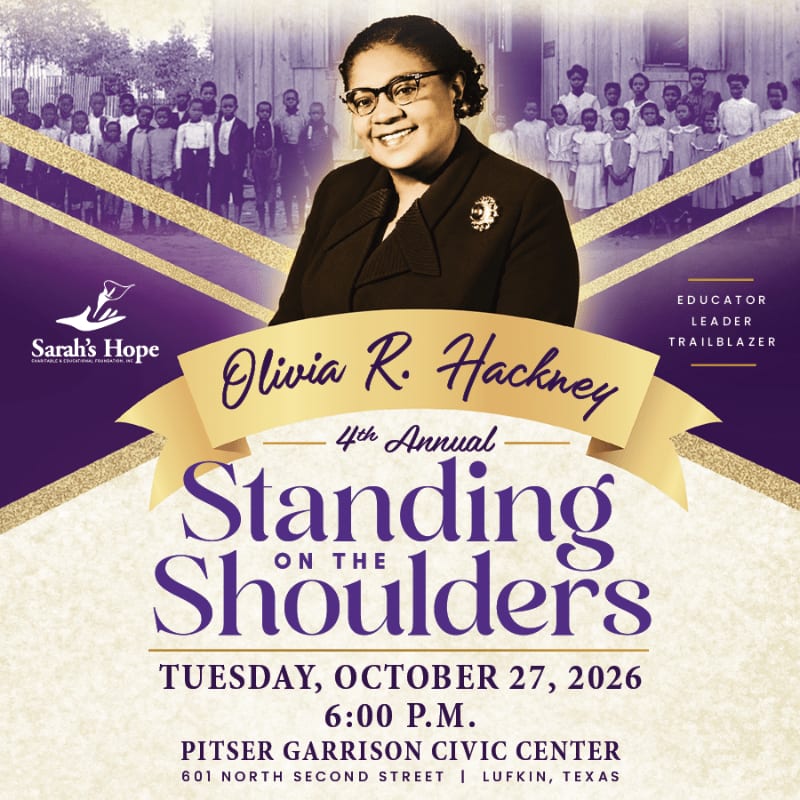 A portrait of Olivia R. Hackney is centered above event details, with a historical photo of children in the background.