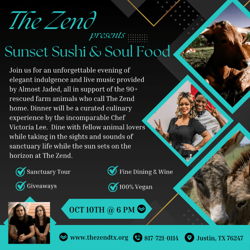 A dark teal background with geometric patterns frames text announcing "The Zend presents Sunset Sushi & Soul Food" and images of animals and people, with event details at the bottom.