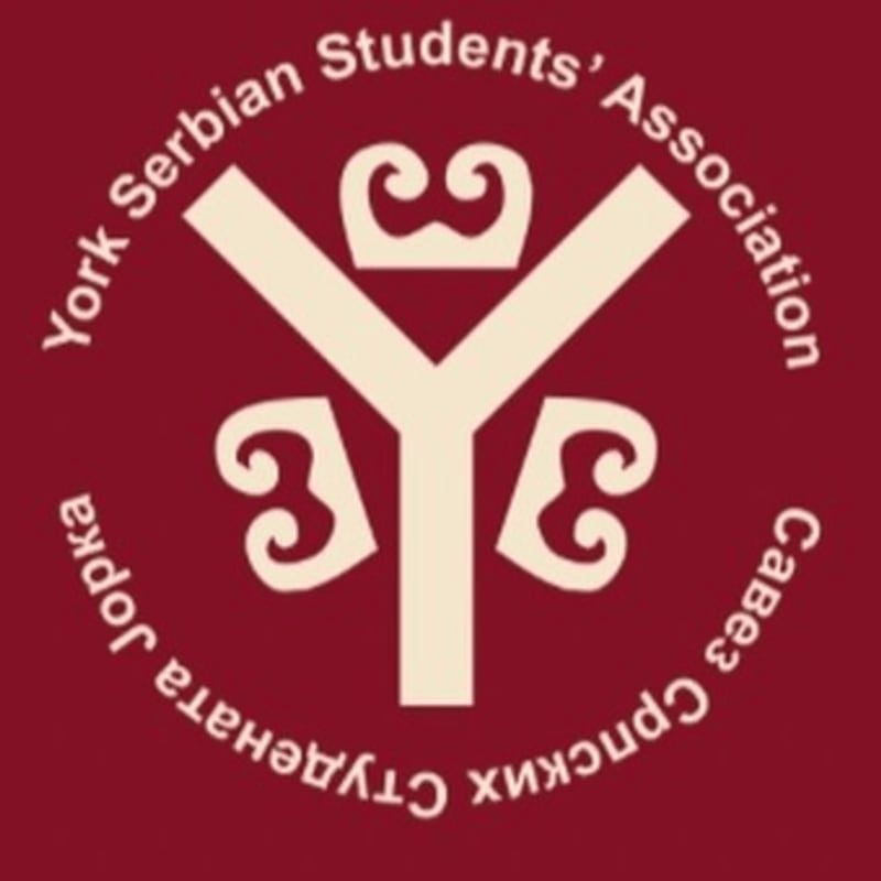 A circular logo with a stylized "Y" in the center and Serbian text around the edge is set against a dark red background.