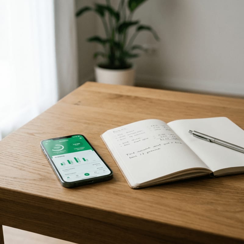 A smartphone displaying a financial app and an open notebook with a pen rest on a wooden desk, with a potted plant visible in the blurred background.