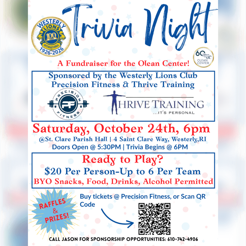 A blue and white flyer advertises a "Trivia Night" fundraiser for the Olean Center, with details about the event, sponsors, and ticket information in the foreground, set against a background of red, white, and blue confetti.