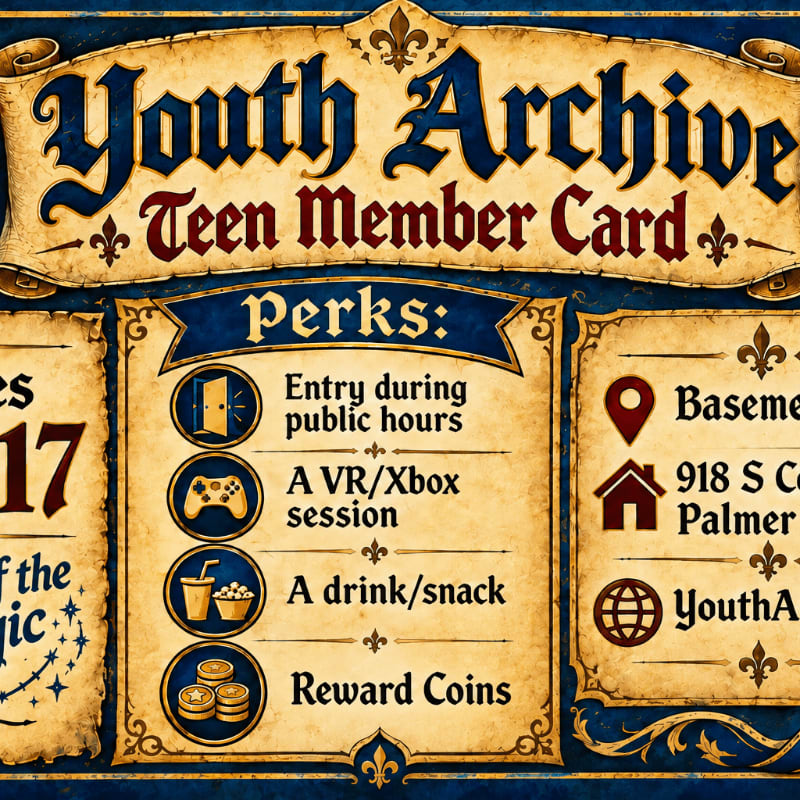 A vintage-style "Youth Archive Teen Member Card" with a list of perks in the foreground is set against a dark blue, ornate background.