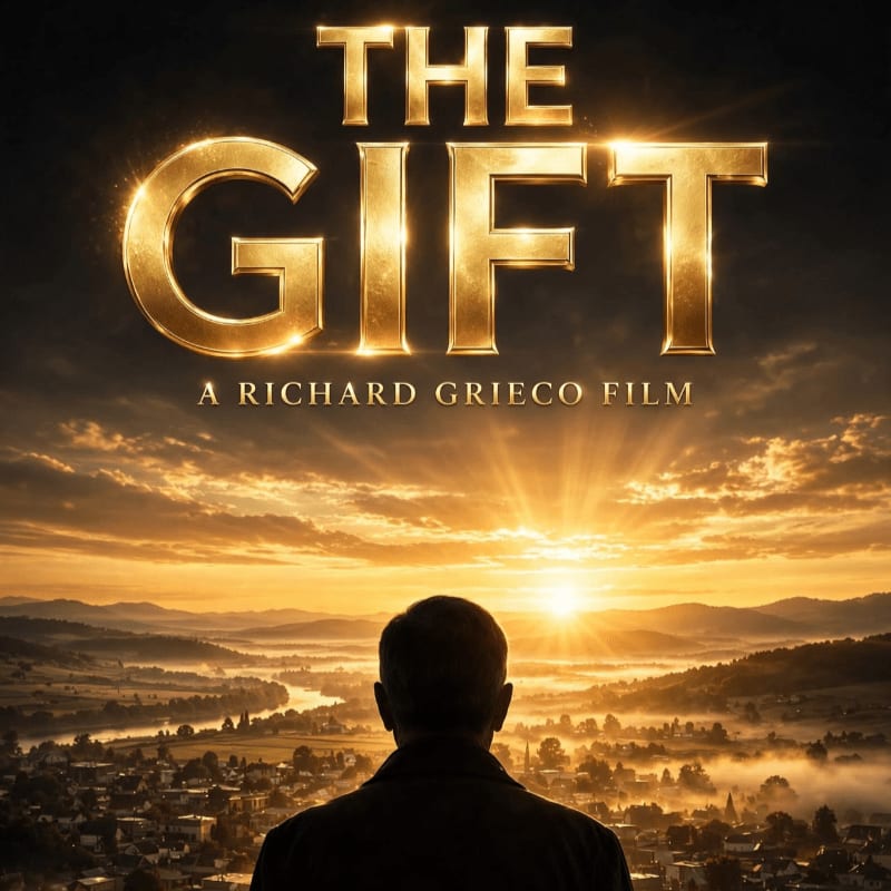 A man's silhouette faces a glowing sunrise over a misty valley town, with the golden title "THE GIFT" prominently displayed above.