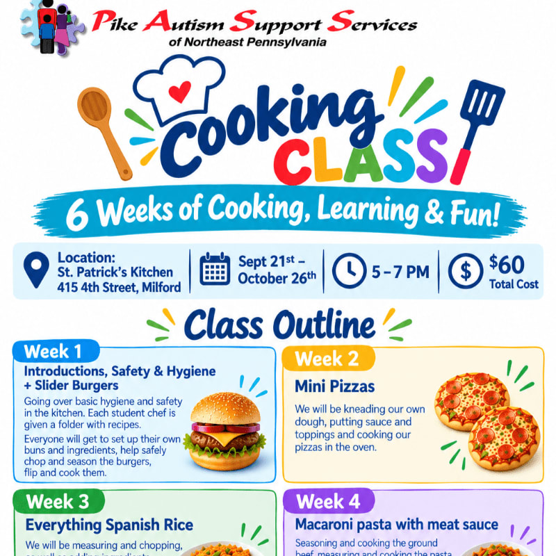 A colorful flyer advertises a 6-week cooking class for Pike Autism Support Services, with the foreground detailing the class outline and the background featuring the organization's logo and event title.