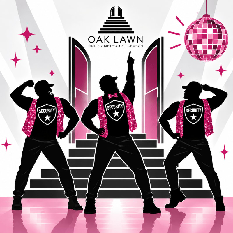 Three silhouetted figures in sparkly vests and bow ties strike poses in front of a church entrance with a disco ball overhead.