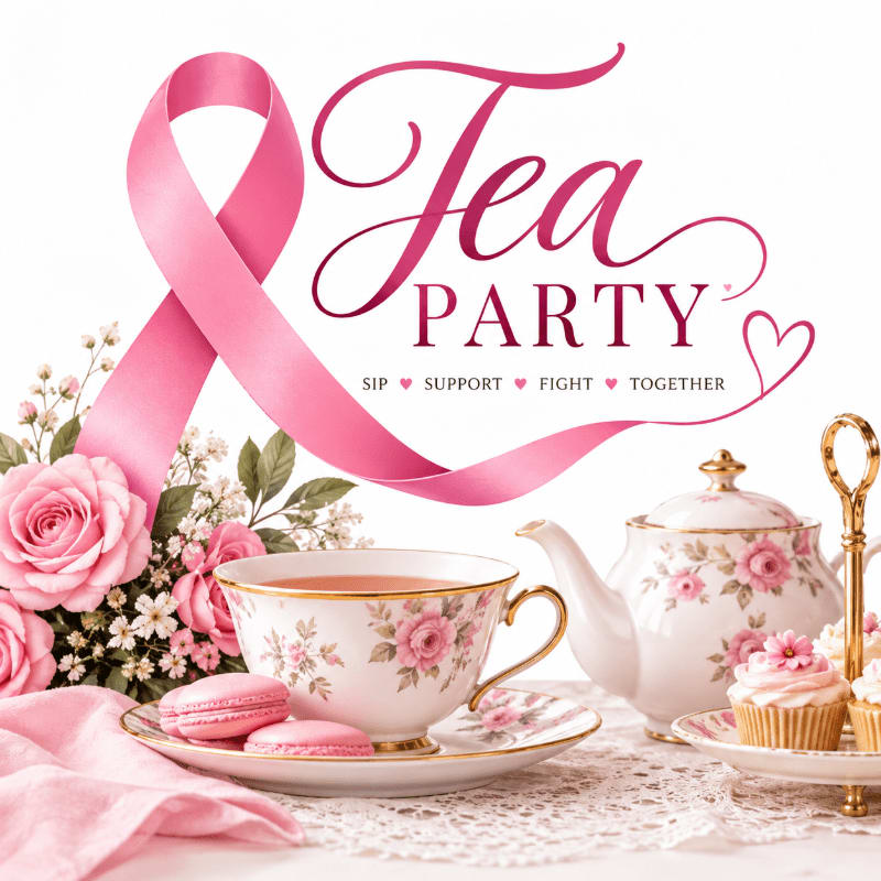 A delicate tea party with a pink ribbon and floral accents is set against a white background, featuring a teacup, teapot, macarons, and cupcakes.