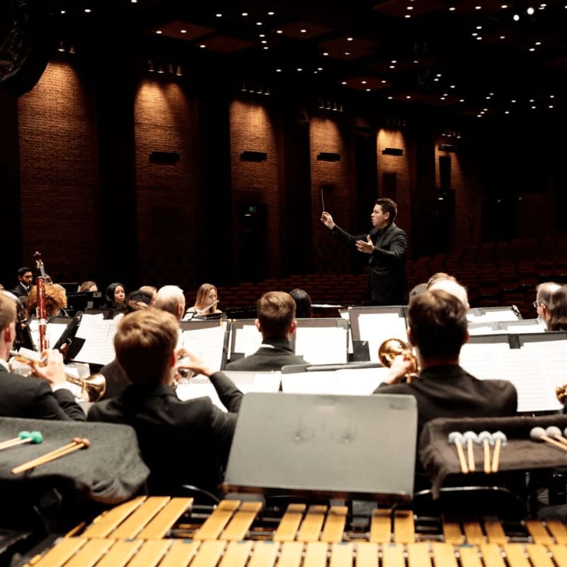 A conductor leads an orchestra in a dimly lit concert hall, with musicians playing their instruments in the foreground.