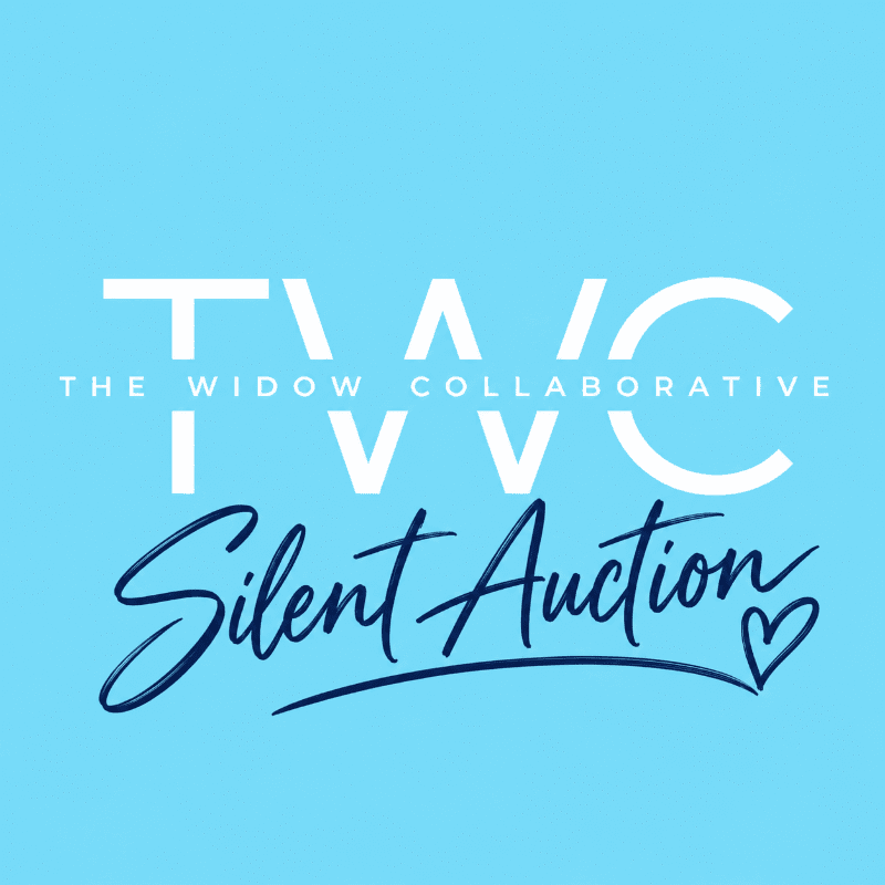 White text on a light blue background announces "TVVC THE WIDOW COLLABORATIVE Silent Auction" with a small heart.