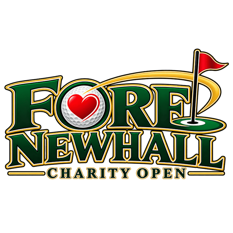 A golf ball with a red heart replaces the "O" in "FORE" in the foreground, with "NEWHALL CHARITY OPEN" written below, all set against a stylized golf course background with a flag.