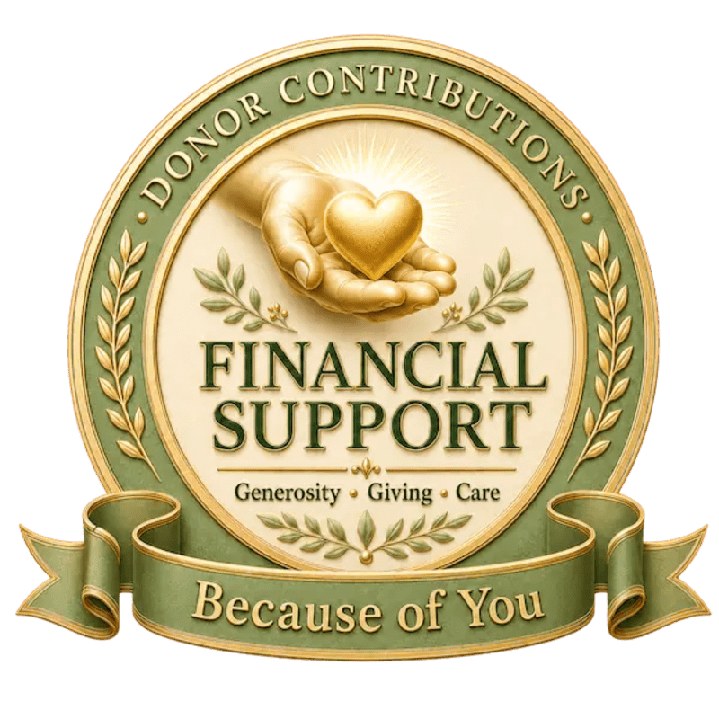 A golden heart rests in an open hand above the words "FINANCIAL SUPPORT" and "Because of You" on a green and gold emblem with a white background.