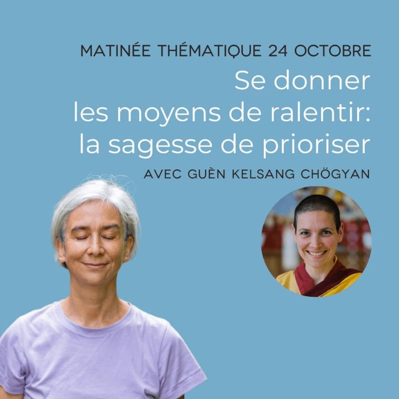 A woman with gray hair meditates in the foreground against a blue background, with a circular inset portrait of a smiling Buddhist nun in the upper right corner and event details in French text.
