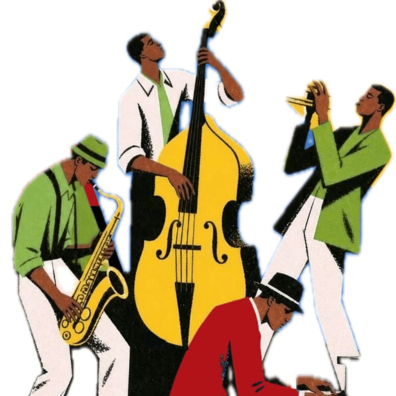 Four musicians, one playing a piano in the foreground and three playing a saxophone, double bass, and trumpet in the background, are depicted against a white backdrop.