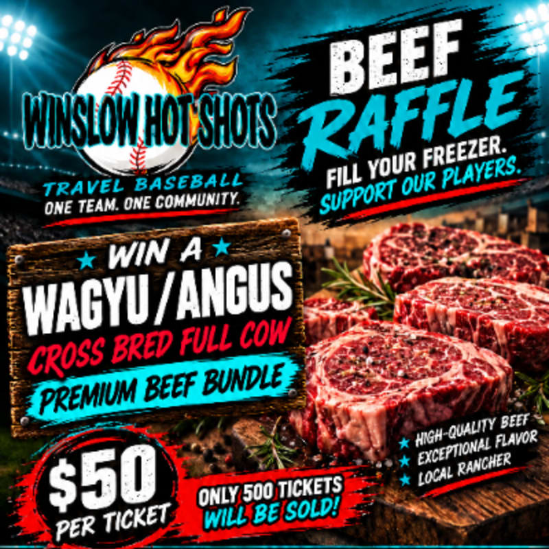 In the foreground, a wooden sign advertises a Wagyu/Angus beef bundle raffle for $50 per ticket, with a pile of prime beef cuts to the right, while the background features a baseball stadium with bright lights and the "Winslow Hot Shots" logo.