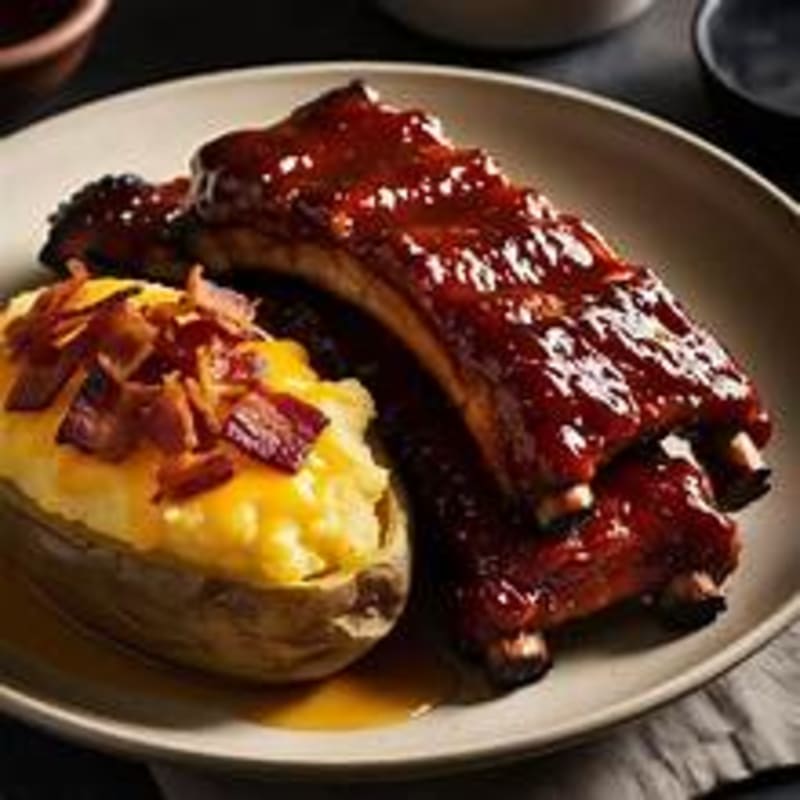A plate of glistening barbecue ribs sits next to a loaded baked potato topped with bacon, with blurred bowls in the background.