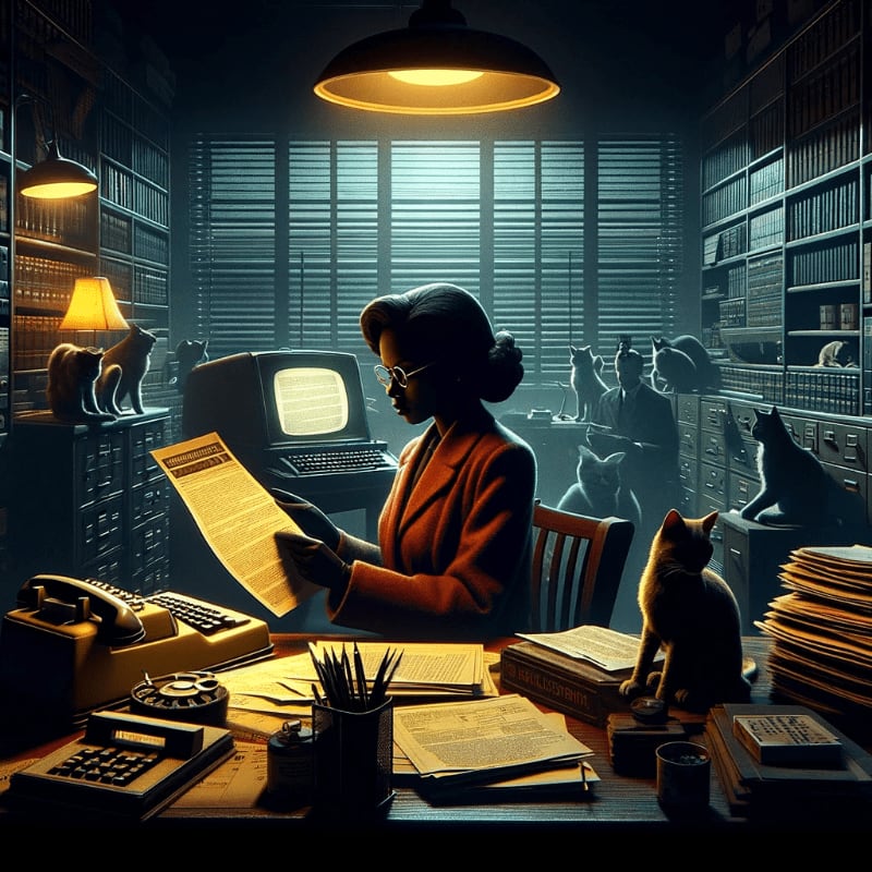 A woman in a red jacket reads a newspaper at a desk filled with office supplies and cats, while bookshelves line the dimly lit background.