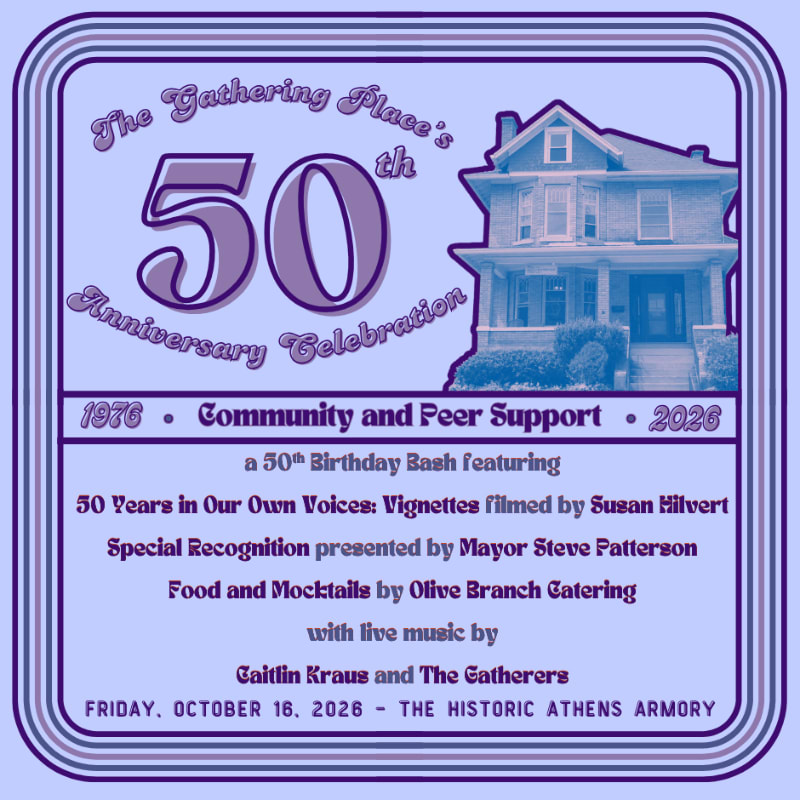 A purple graphic advertises "The Gathering Place's 50th Anniversary Celebration" with a drawing of a house in the background and event details in the foreground.