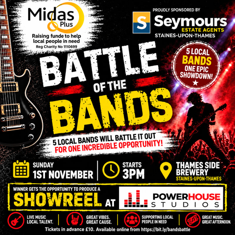 A black electric guitar is in the foreground, with a vibrant concert poster advertising a "Battle of the Bands" event in the background.
