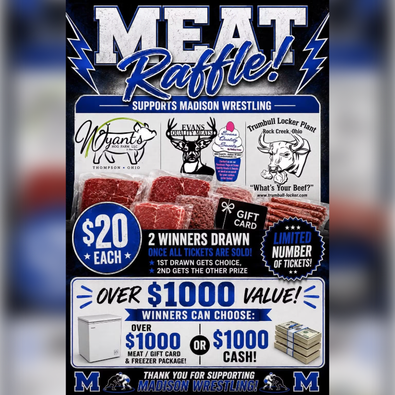 A raffle poster for "Meat Raffle!" supporting Madison Wrestling features various meat packages and gift cards in the foreground, set against a dark blue and white lightning-themed background.