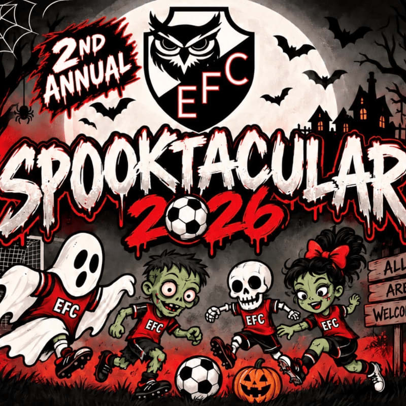 Four costumed children, a ghost, a zombie, a skeleton, and a witch, play soccer in front of a spooky Halloween-themed background with bats, a haunted house, and a large moon.