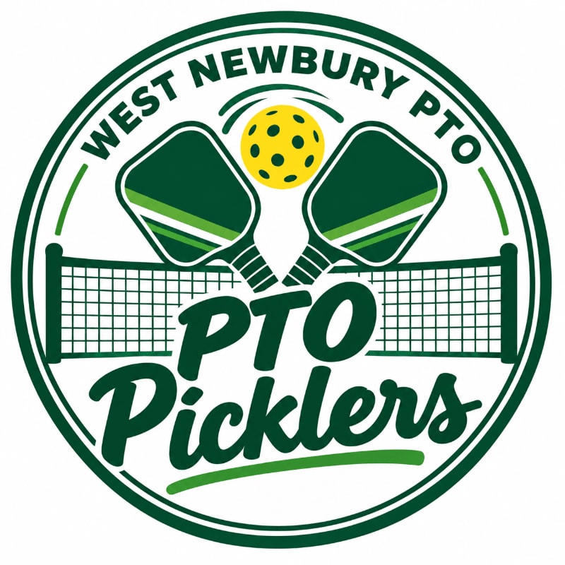 Two pickleball paddles and a ball are in the foreground, with a net and the words "WEST NEWBURY PTO Picklers" in a circular background.