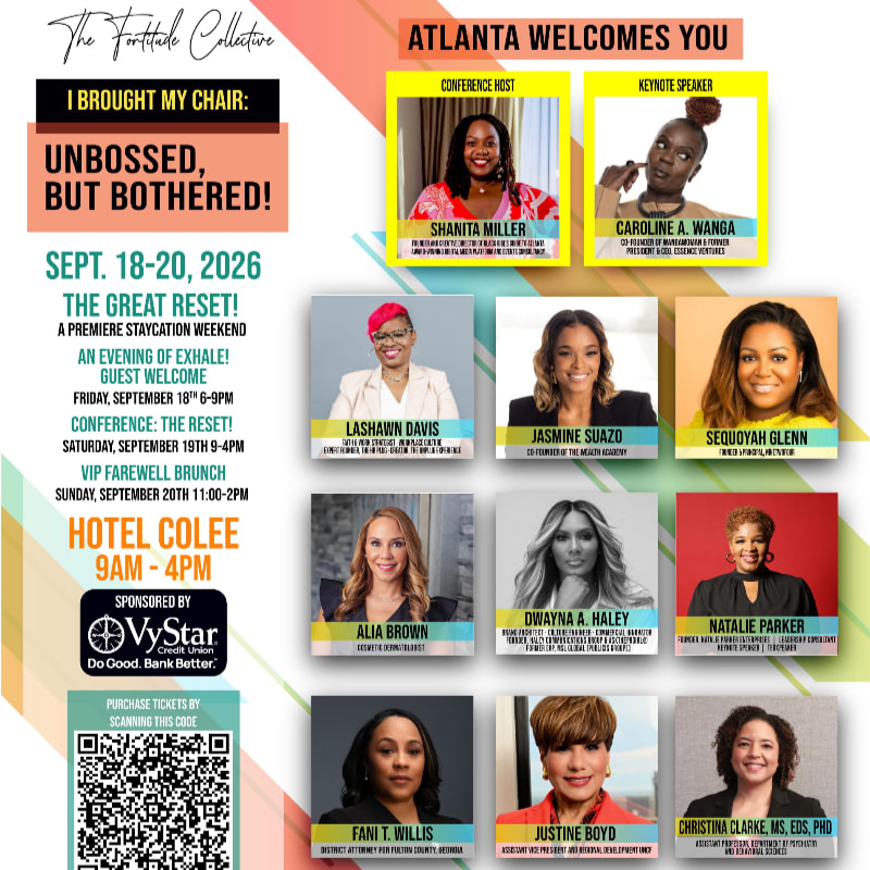 A flyer for "The Great Reset!" conference in Atlanta features a list of speakers and event details in the foreground, with portraits of the speakers filling the background.