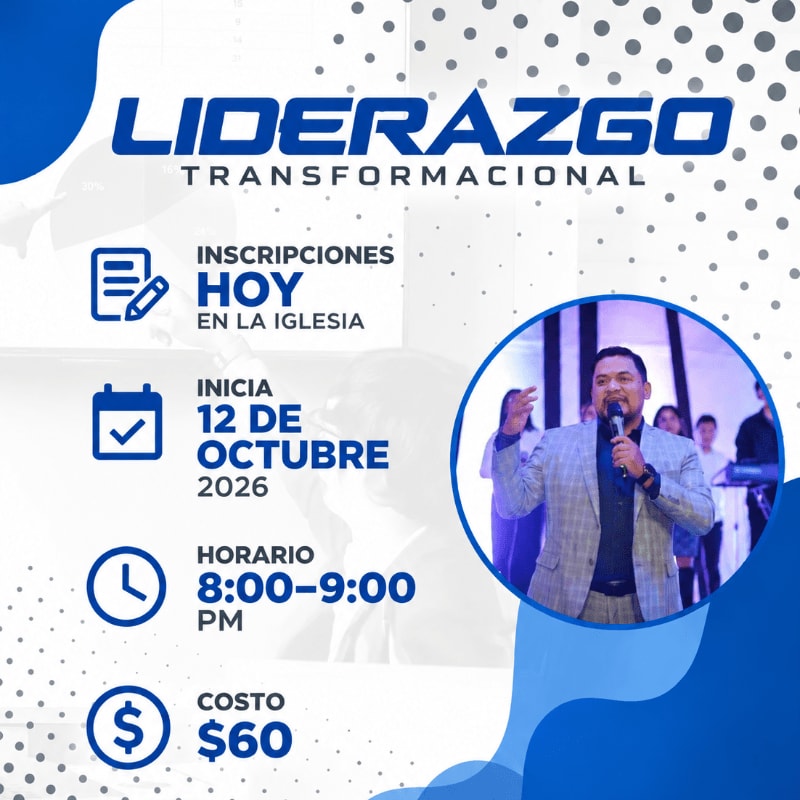 A man in a suit speaks into a microphone on a stage in the background, while the foreground displays event details for "Liderazgo Transformacional" including registration, start date, time, and cost.