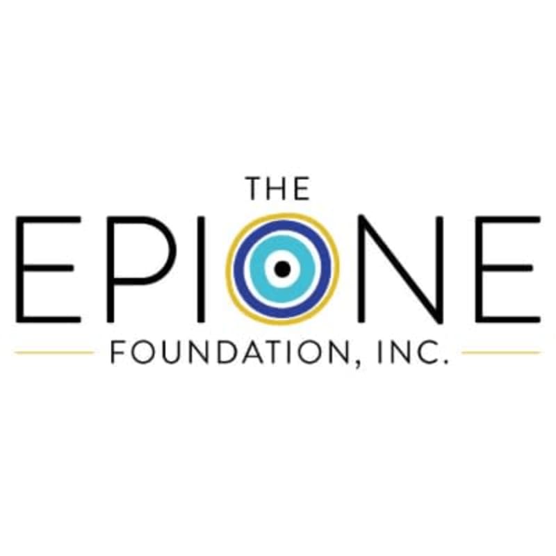 A logo with the words "THE EPIONE FOUNDATION, INC." in black text against a white background, featuring a blue and gold eye symbol in place of the "O" in "EPIONE."