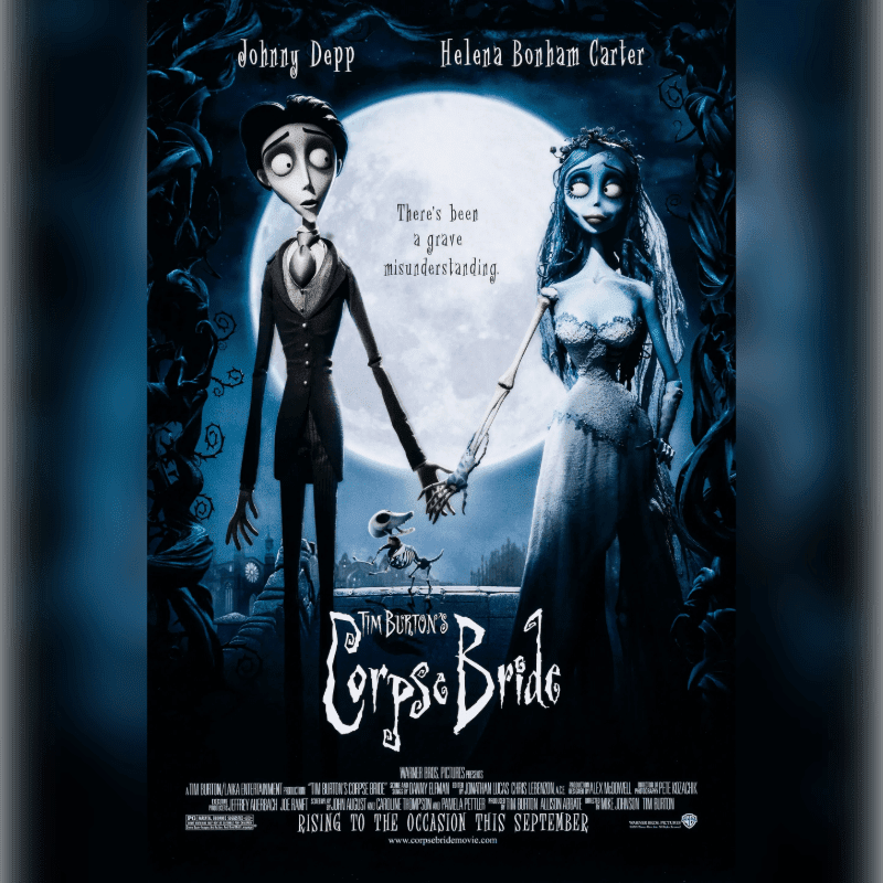 A skeletal groom and a ghostly bride hold hands in the foreground, with a full moon and dark, gnarled trees forming the background.