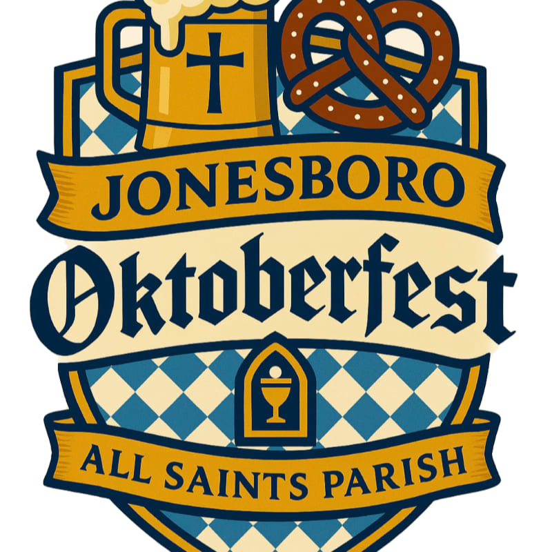 A beer mug and pretzel sit atop a banner that reads "JONESBORO Oktoberfest" with a checkered background, below which is another banner that says "ALL SAINTS PARISH" and a small image of a chalice.