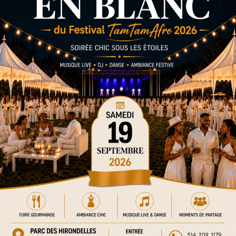A group of elegantly dressed people in white gather for a chic outdoor festival under string lights, with a stage and DJ setup visible in the background.