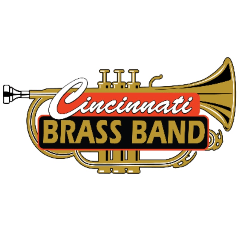 A golden trumpet with the words "Cincinnati BRASS BAND" in red and black lettering is set against a white background.