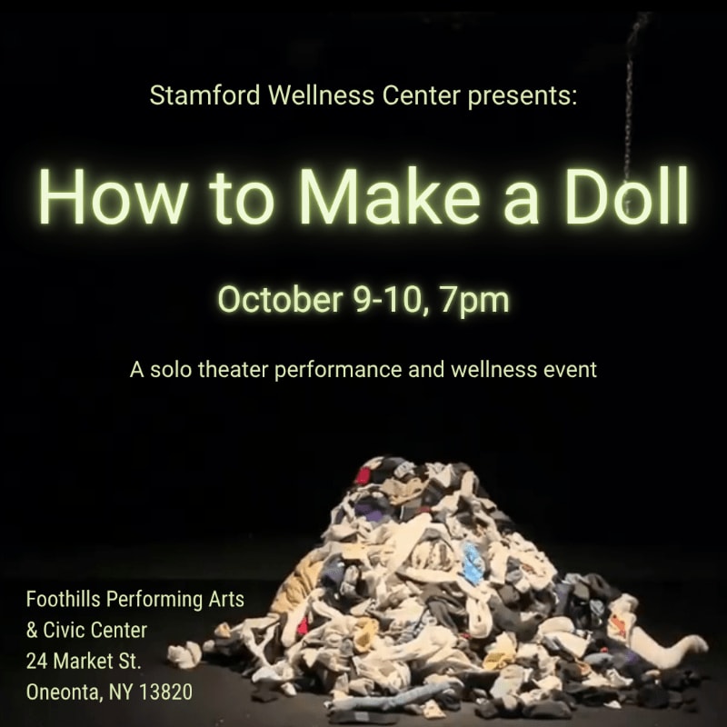 A pile of clothes sits in the foreground beneath the title "How to Make a Doll" and event details against a dark background.