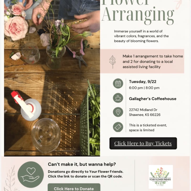 Hands arrange flowers on a wooden table in the foreground, with event details for a flower arranging class in the background.
