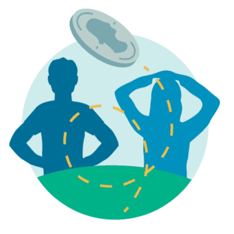 Two silhouetted figures, one with hands on hips and the other with hands on head, are positioned behind a green surface, with a coin tossed in the air above them against a light blue circular background.
