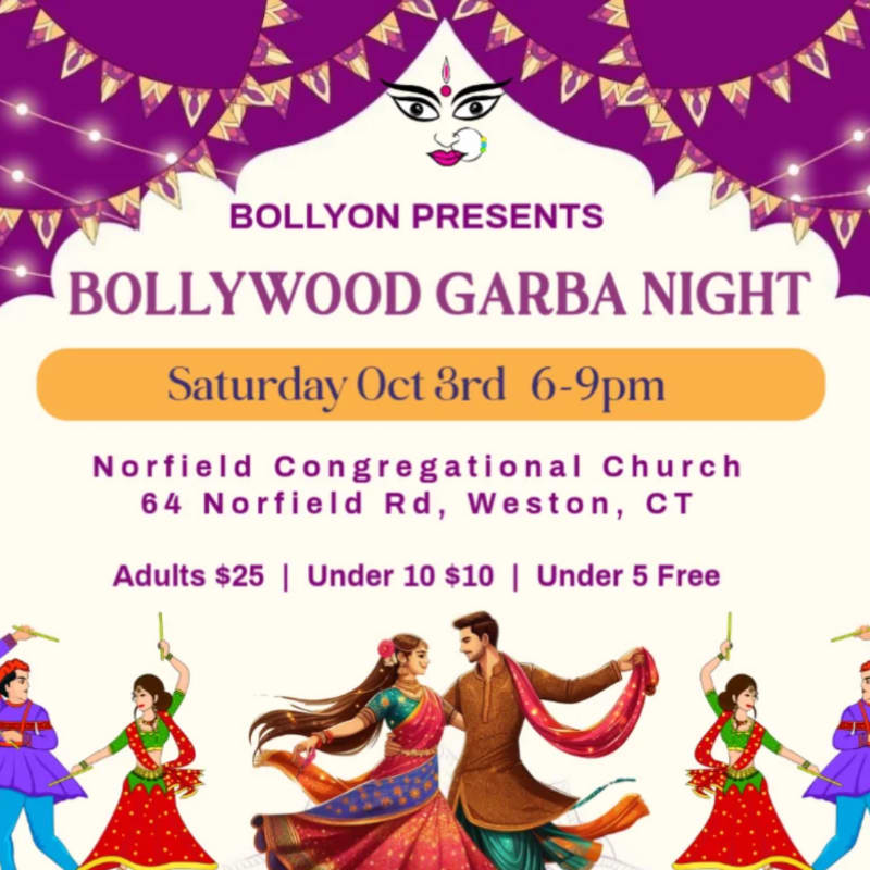 A vibrant Bollywood Garba Night poster features dancing couples in the foreground against a background of festive decorations and event details.