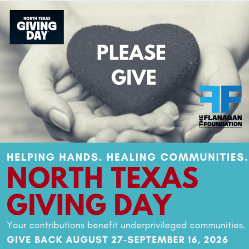 Cupped hands in the foreground hold a heart-shaped object with "PLEASE GIVE" written on it, set against a teal background with text about North Texas Giving Day.