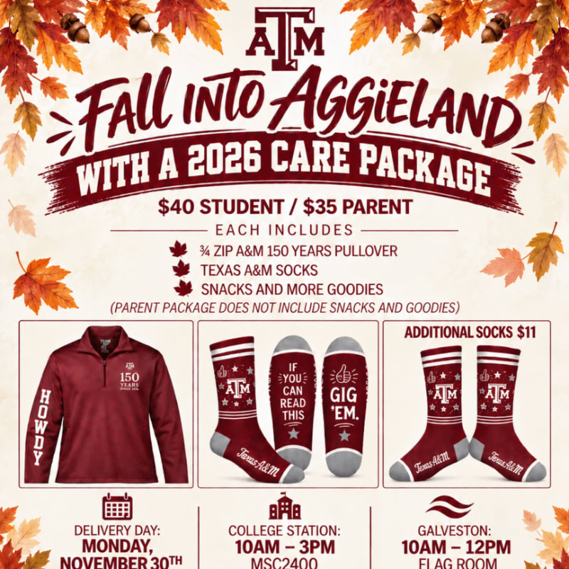 Autumn leaves frame a promotional graphic for a Texas A&M care package, featuring a ¼ zip pullover, socks, and snacks.