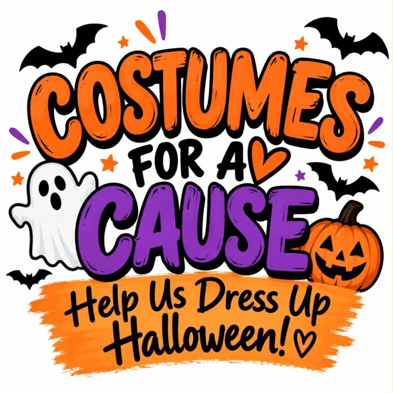 A white ghost and bats fly around the words "COSTUMES FOR A CAUSE" in orange and purple, with a jack-o'-lantern to the right, all set against a white background with orange and purple accents.
