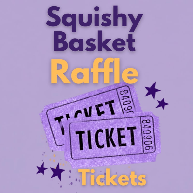 Two purple raffle tickets with "TICKET" printed on them are in the foreground, with scattered purple stars and confetti, against a light purple background with the words "Squishy Basket Raffle Tickets" in purple and yellow text.