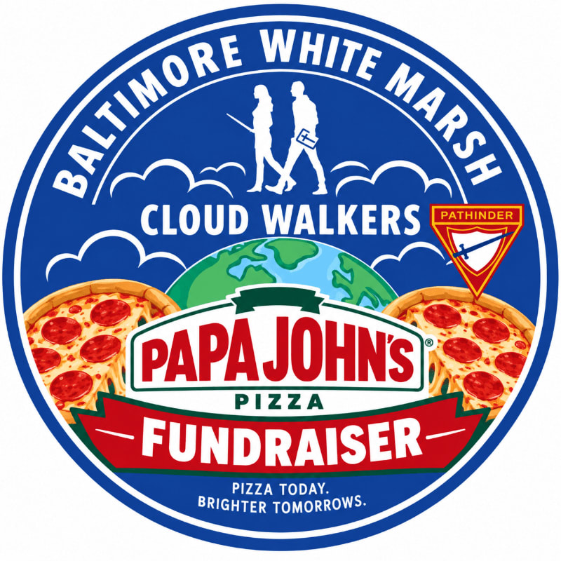 Two pepperoni pizzas are in the foreground, with a blue circle in the background featuring the text "Baltimore White Marsh Cloud Walkers" above a globe and the Papa John's Pizza Fundraiser logo.