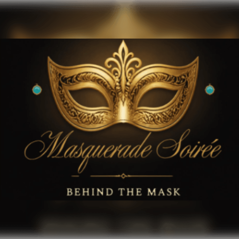 A golden, ornate masquerade mask with turquoise accents is centered on a dark background with the text "Masquerade Soirée" and "BEHIND THE MASK" below it.